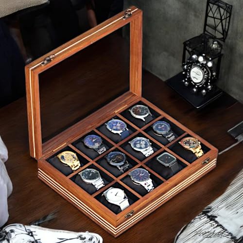 Image of Watch box for women & men, Wooden organizer, Handmade Holder For Men, Custom Valet Box with Brass Lock, Christmas, Anniversary, Valentine;s Day, Father's Day (Dark Brown 12 Slots)