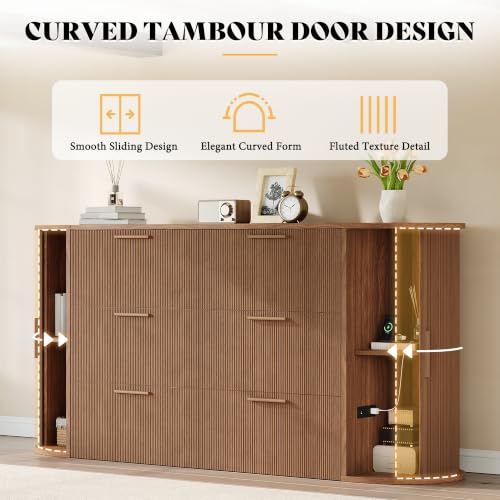 Image of AMERLIFE Full Murphy Bed with Storage Bedside Shelves & Sliding Tambour Door, Modern Cabinet Bed with Charging Station & Curved Fluted Design for Bedroom /Guest /Home Office, Brown