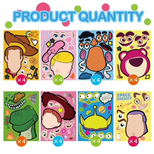 Image of 32Pcs Make a Face Toy Story Stickers, Make Your Own Sticker Sheets, Mix & Match 8 Character Designs, Kids Party Favors, Classroom Rewards & Decorations