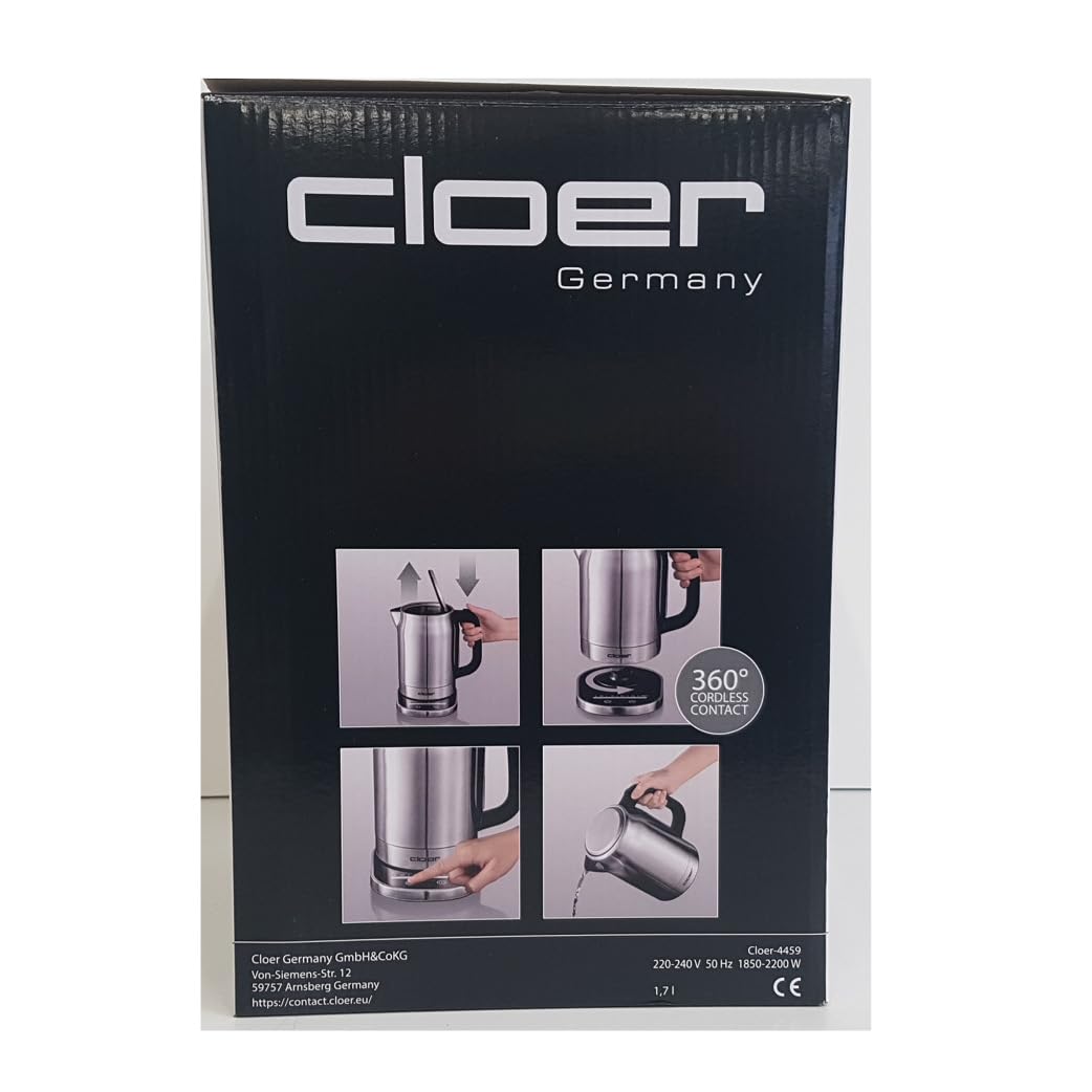 Cloer 4459 Hervidor de agua táctil, 2200 vatios, estación base con pantalla LED de superficie de vidrio, pantalla táctil con control de temperatura, 1,7 litros, acero inoxidable