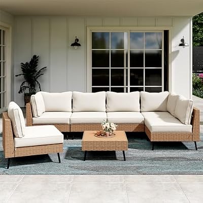 LAUSAINT HOME Outdoor Patio Furniture, 7 Piece Outdoor Sectional Sofa PE Rattan Wicker Patio Conversation Sets, All Weather Patio Furniture Set with Thick Cushions for Garden, Backyard(Beige)