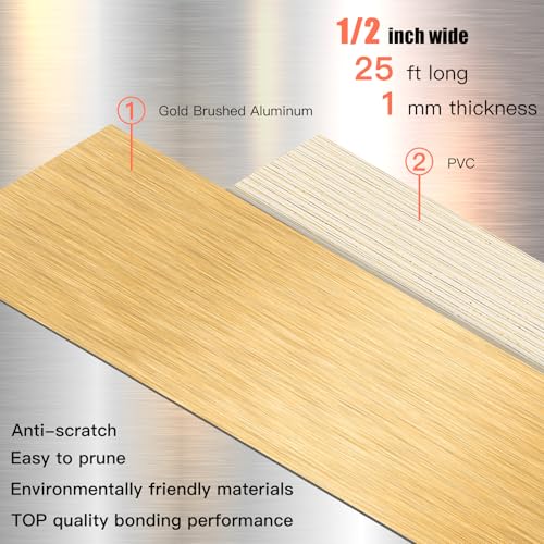 Image of GSCIT Club Gold Edge Banding, 1 /2 Inch x 25ft Aluminum Brushed Edge Banding Brass PVC Edge Trim for Cabinet Repair