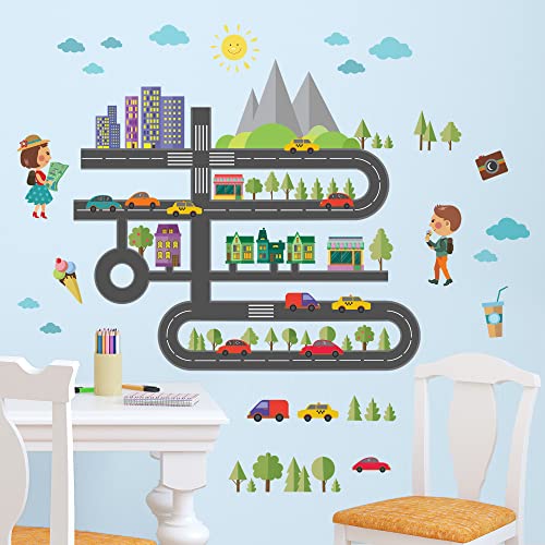 Drwssr Car Road Wall Decals City Traffic Wall Sticker Road Transportation Wall Sticker Taxi Green Plant Store Street Life Scene Removable Decor For Kids Nursery Bedroom Living Room Playroom Classroom #TOP4