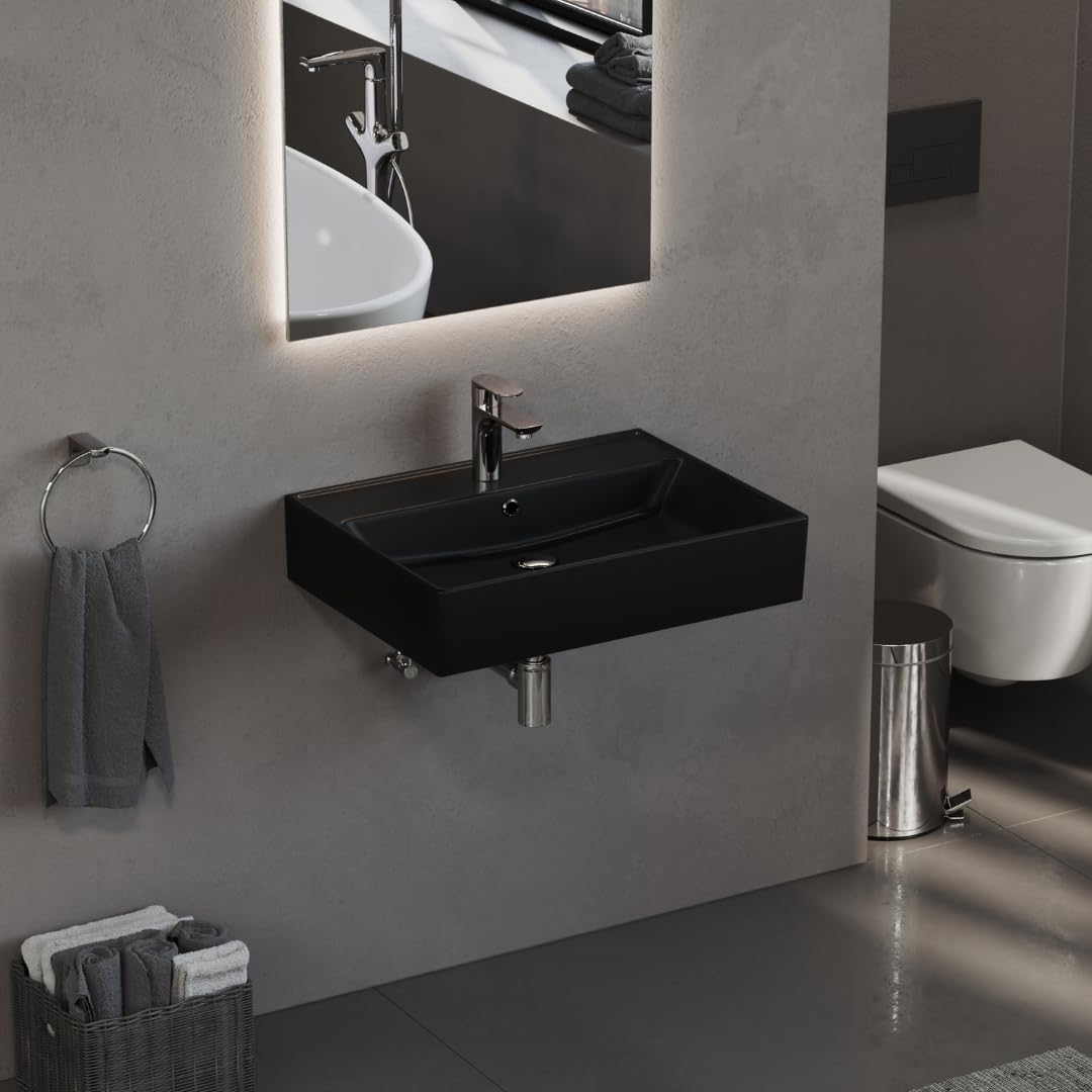 Aqua Bagno Waschbecken Schwarz Matt 60 cm, Keramik Aufsatzwaschbecken fürs Bad, rechteckiger Waschtisch mit Hahnloch, Waschplatz, modernes Waschbecken zur Wandmontage, für Badezimmer und Gäste WC