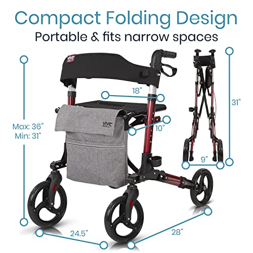 Vive Mobility Rollator Walker - Folding 4 Wheel Medical Rolling Walker With Seat & Bag - Mobility Aid For Adult, Senior, Elderly & Handicap - Aluminum Transport Chair (Red) #TOP4