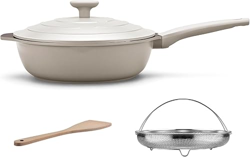 LIGTSPCE Sartén todo en uno, sartén multiusos siempre antiadherente, sartén grande con colador, sartén profunda con tapa (11 pulgadas), sartén de
