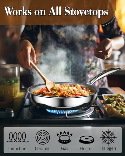 Image of Cook N Home 02682 Tri-Ply Clad Stainless Steel Skillet Saute Fry Pan, 10-inch, Silver
