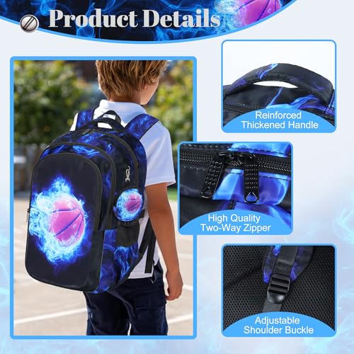 Boys Basketball Backpack with Lunch Box, Kids Backpack Set for School, 17inch Bookbag with Pencil Case Coin Purse Blue3