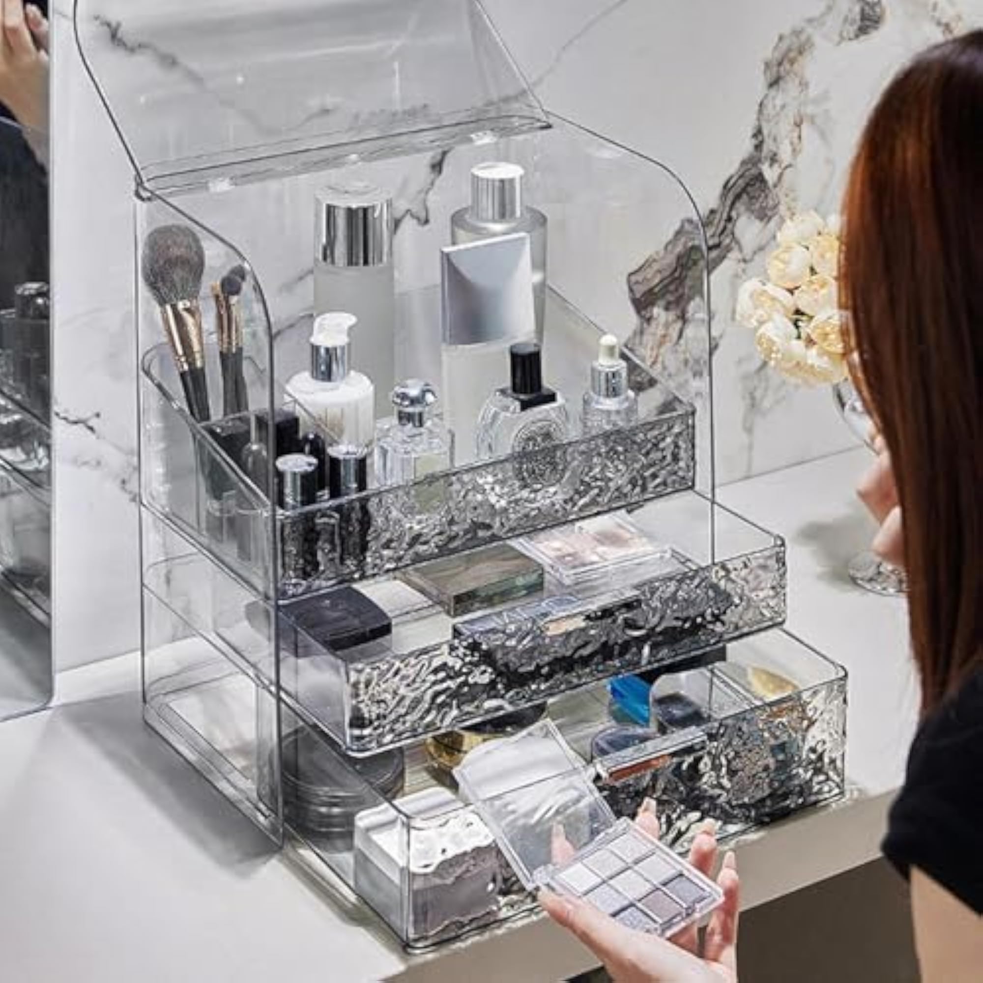 Luxury Clear Makeup Storage Box, Bathroom Vanity Organizer, Gray