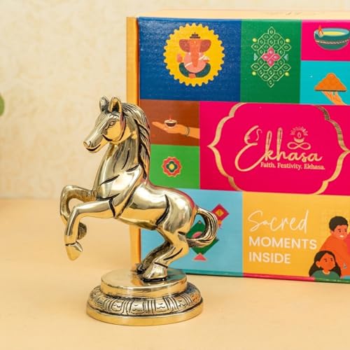 Image of Ekhasa 100% Pure Brass Running Horse Showpiece with Gift Box | Pital Murti Animal Figurine for Home Decor Living Room Office Table | Vastu Good Luck Housewarming Grah Pravesh Wedding Gift