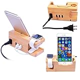 MOOZO Bamboo Wood Desktop 3 USB HUBCharging Dock Station Charge Holder Cradle Stand Compatible iPhone Xs MAX XR X 8 7 6 6S Plus Apple Watch 2 3 4 / iWatch 38mm & 42mm Samsung LG HTC Sony Smartphones