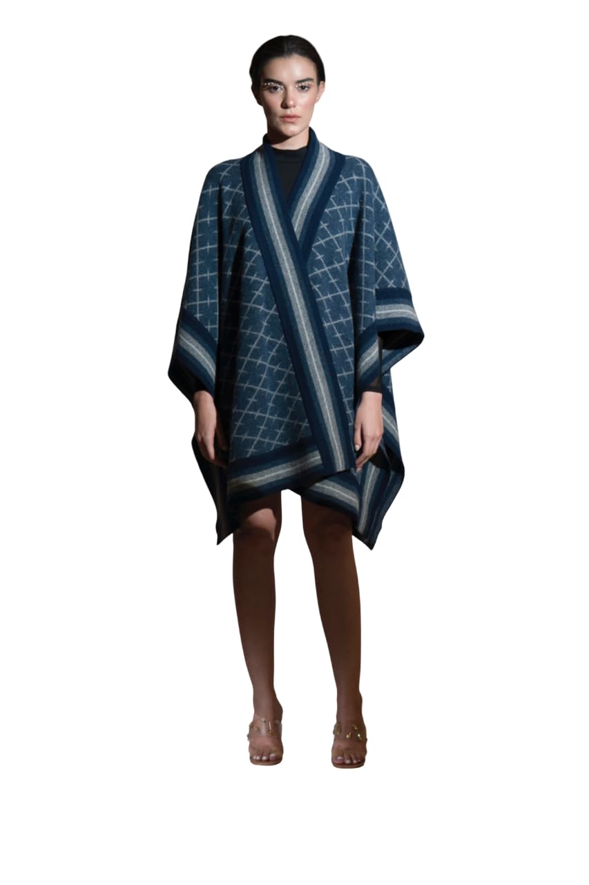 khaleej Women’s Cape Wool Outerwear | Draped Cape Style Layer with Open Front Shawl Design | Woolen Textured Fabric with Contrast Border Detailing | Contemporary Indo-Western Fashion, Blue-picture-33