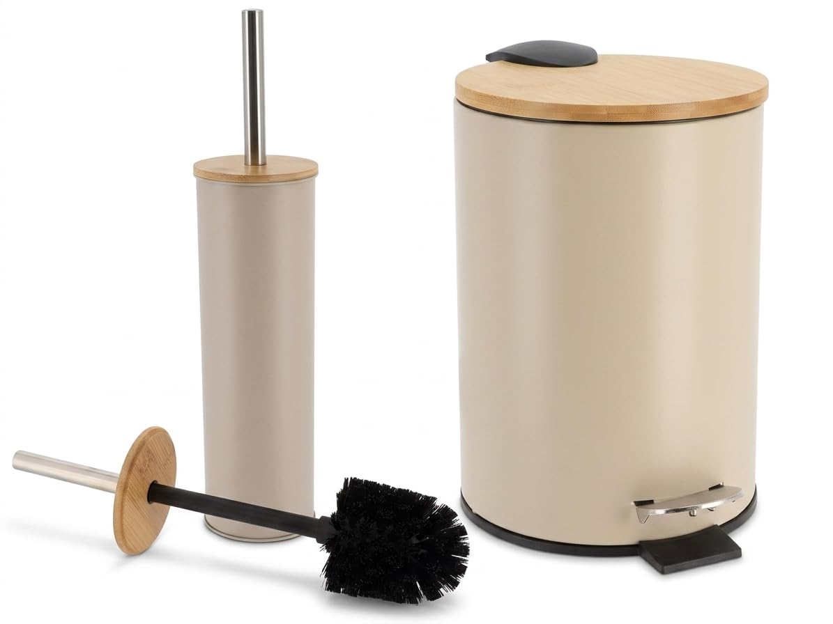 Badaccessoire-Set 2-teilig – Toilettenbürste & Kosmetikeimer mit Absenkautomatik für Bad & Gäste – Mattes Design & Bambusdeckel – Soft-Close-Technologie (Taupe)