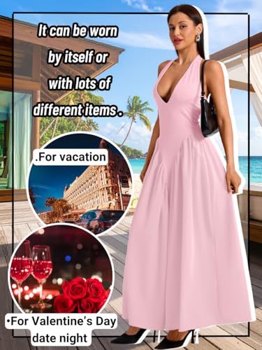 Image of ChiaoLezhee Deep V Neck Dress, Halter Maxi Dresses, Vacation Date Night, Sexy for Women Corset Flowy Wedding Guest Drop Waist