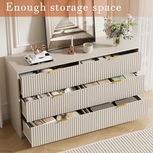 Image of Furniway Beige Dresser Bedroom Set 3 Pieces, Nightstands Sets of 2, 6 Drawer Dresser with Gold Handles for Bedroom
