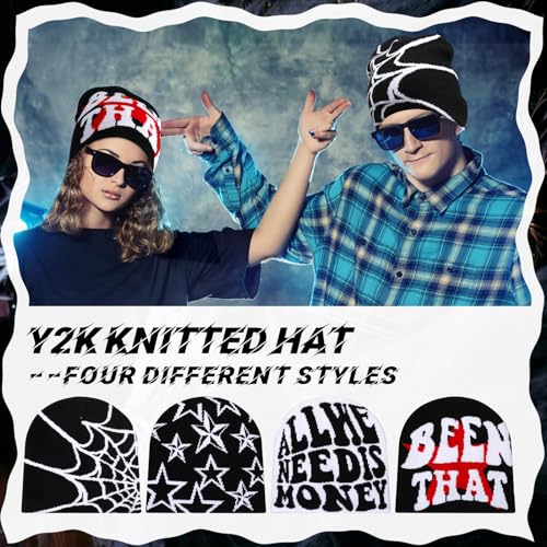 Image of Ramede 4 Pcs Y2k Beanie - Double Sided Graphic Beanies for Men and Women, Acrylic Knitted Y2k Hats Accessories