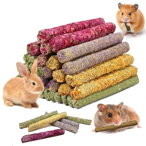 Jorewood 33 Pcs Rabbit Chew Sticks Rabbit Guinea Pig Toys Natural Timothy Grass Molar Teeth Stick Mixing Flowers Chewing Toy Small Animals Treats