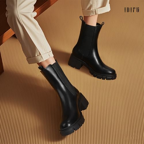 IDIFU IN2 Chelsea Ankle Boots for Women Low Short Block Chunky Heel Mid Calf Slip On Lug Sole Platform Fall Dress Booties Ladies Fashion Comfortable Casual Cute Trendy Elastic Thick Boots3
