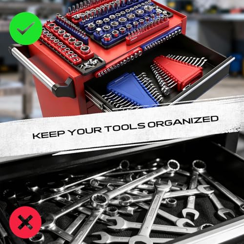 Image of 8-Piece Magnetic Socket and Wrench Organizer Set, Metric & SAE, 1 /4 inch, 3 /8 inch, 1 /2 inchDrive Detachable Socket Storage Tray, 24-Slot Wrench Holder with Non-Slip Handle & Lock Cover for Toolbox Drawer Storage