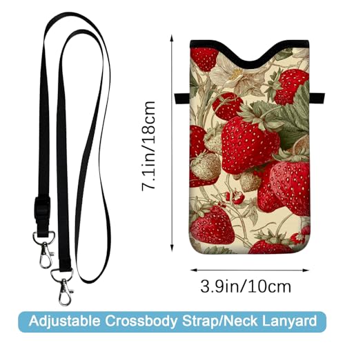 Image of Neoprene Cell Phone Sleeve Pouch Case Bag with Crossbody Strap Neck Lanyard for Women 7.1 X 3.9 in Green Leaf Strawberry