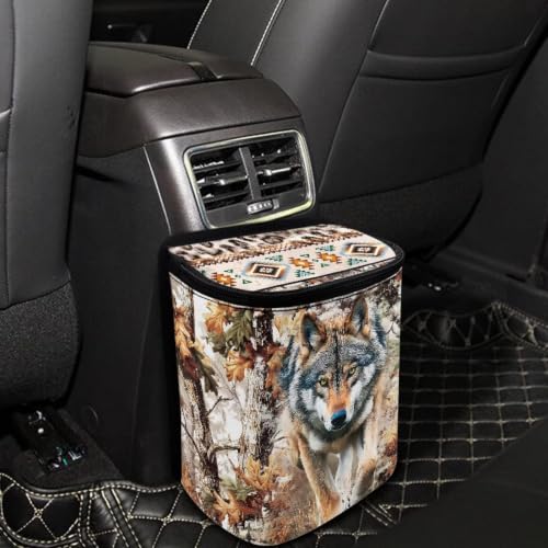 Image of Talayituse Forest Hunting Camo Wolf Print Car Trash Can Portable Auto Garbage Bin Multifunctional Vehicle Interior Accessories with Adjustable Straps Universal Fit Truck SUV Sedan
