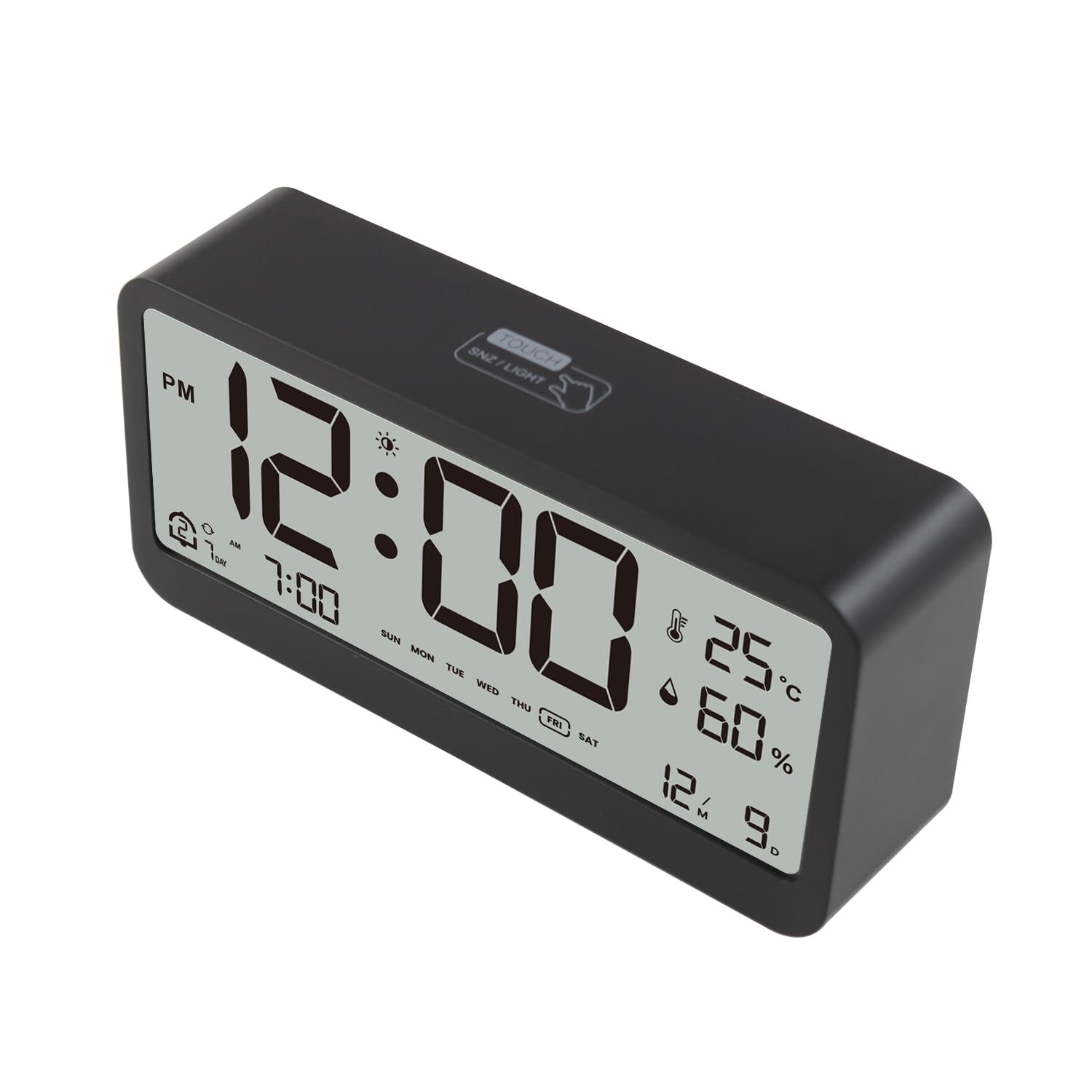 Orologio Digitale Da Scrivania Con Doppia Sveglia, Temperatura E Umidità – Display LED Regolabile, Formato 12/24H, Nero