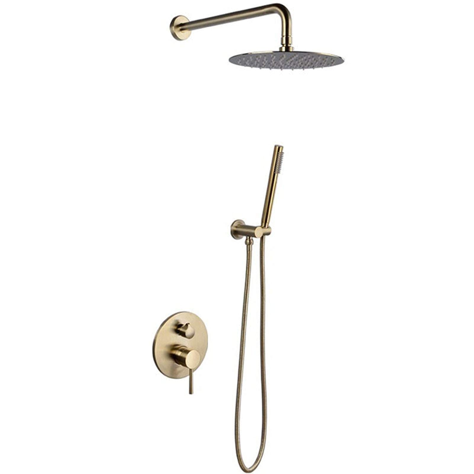 JYBNBBE Brushed Gold Shower Faucet Set, 10 Inch Rainfall Shower Head with Wall Mounted Concealed Shower System, Brass Shower Mixer Tap