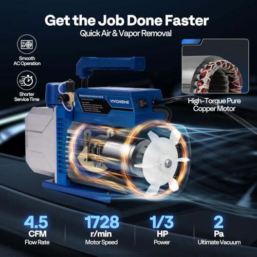Image of VIVOHOME 1 /3 HP 4.5CFM 1 Stage HVAC Vacuum Pump and 4 Way AC Manifold Gauge | 110V AC Vacuum Pump Kit, Leak Detector, 5ft Hoses, for R134a R410a R12 R22 R502 Air Conditioning Refrigeration Recharging