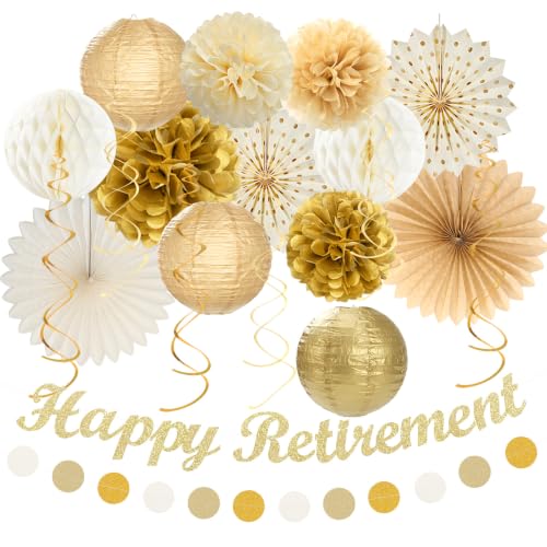 Image of Beige-Gold Happy Retirement Party Decorations Banner Women Men Huglony | 21pcs Retiree Farewell Banner,Streamers,Paper Lanterns,Pom Poms Fans,Work Teacher Retirement Supplies Backdrop Favors