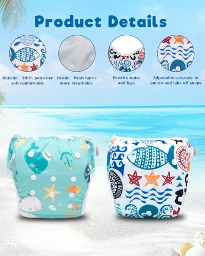 Image of ALVABABY 2pcs Large Swim Diapers Baby & Toddler Snap One Size Reusable Adjustable Washable Baby Boy Swimming Diaper Cartoon Fish