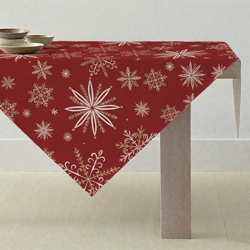 ViaElayu Toalha de mesa de Natal 100 x 100 cm vermelho padrão de flocos de neve e estrelas brancos e dourados moderno elegante lavável rústico decoração Natal mesa centro toalhas de mesa de Natal