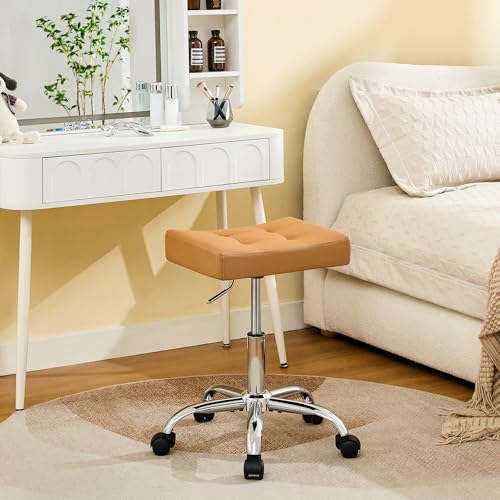 FIRAVOE Rolling Stool Adjustable Height (300lbs Capacity) (Sturdy Base) Multifunctional Nail Tattoo Vanity Massage Stool (Camel Brown)