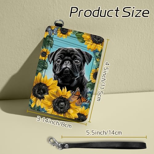 Image of Small Travel Wallets, Sunflower Pug Slim Minimalist Front Pocket Wallet with Wristlet, RFID Blocking PU Leather Credit Card Holder with ID Window Change Purse for Men Women