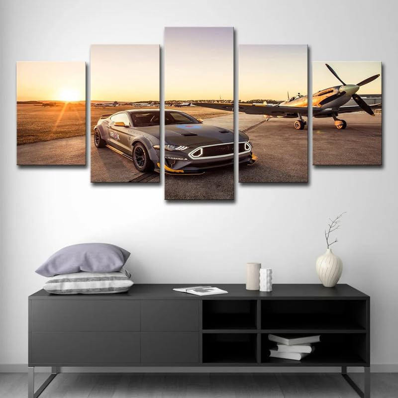 Tableau Voiture de Luxe Couché du Soleil en 5 Pièces sur Toile pour Décoration Chambre