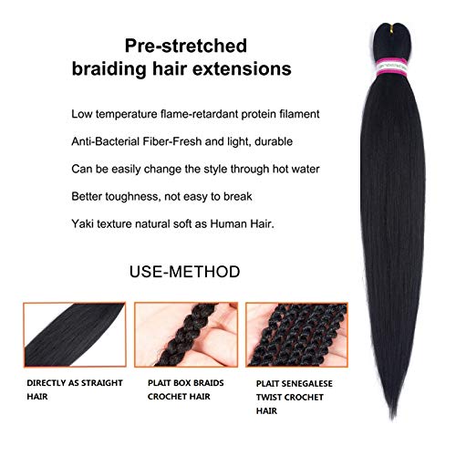 Pre Stretched Braiding Hair Extension Natural Black Color 8 Packs 28 Inch Long Professional Hair For Braiding Twist Braids Itch Free Hot Water Setting Yaki Straight Synthetic Hair For Women (#1B) #TOP1