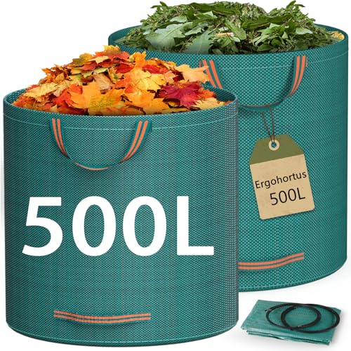 Sac Dechets Verts Ergohortus, Lot de 2 Sacs à Déchets de Jardin Résistants 500L avec Poignées, Sacs Végétaux Jardin de Qualité Industrielle pour le...
