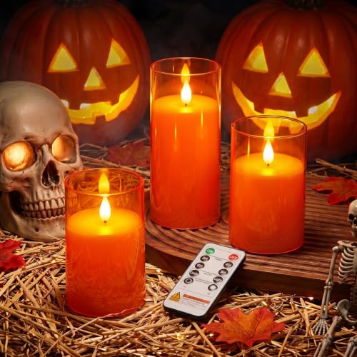 Image of Raycare Halloween Battery Operated Flameless Pillar Candles with Remote Timer, Orange