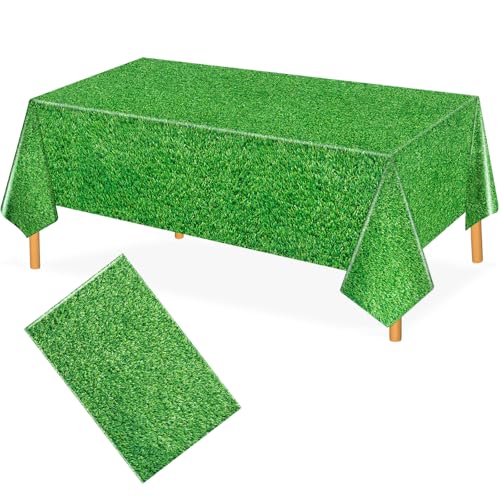 Image of 54 x 108 Inch Grass Party Tablecloths Disposable Plastic Green Table Cover for Golf Birthday Party Hole in One Decorations Outdoor Indoor Supplies