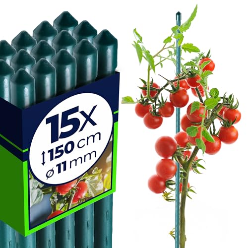 KADAX Lot de 15 Tuteurs en Acier avec revêtement - 150 cm x 11 mm - Tuteur pour Plantes - Résistant aux intempéries - Tuteur à tomates avec Crochet