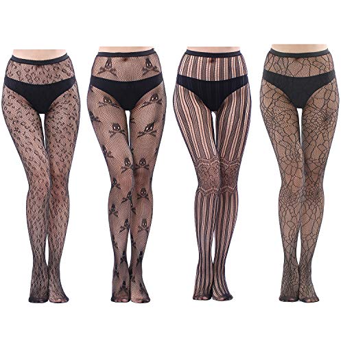 UCLEVER 4 Pairs Halloween Skull Stockings Women Lace Fishnet Tights Stockings Lace Spider Web Stockings