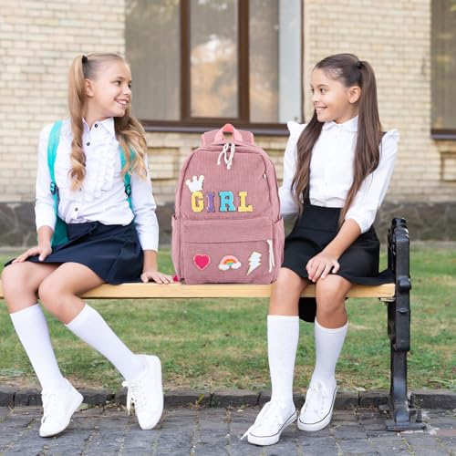5 Pcs Preppy Corduroy Kids' Backpacks Set for Girls School Cute Pink Backpack Foldable Lunch Bag Pencil Case and Paper Back to School Bookbags Set4