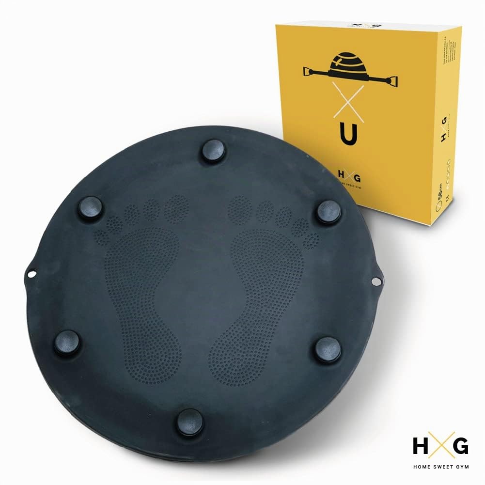 HxG. Balance Trainer Fitball con inflador y gomas, plataforma de equilibro de 58cm antideslizante, perfecta para tu entrenamiento, semiesfera de Ejercicios de Yoga, Pilates y Fitness.