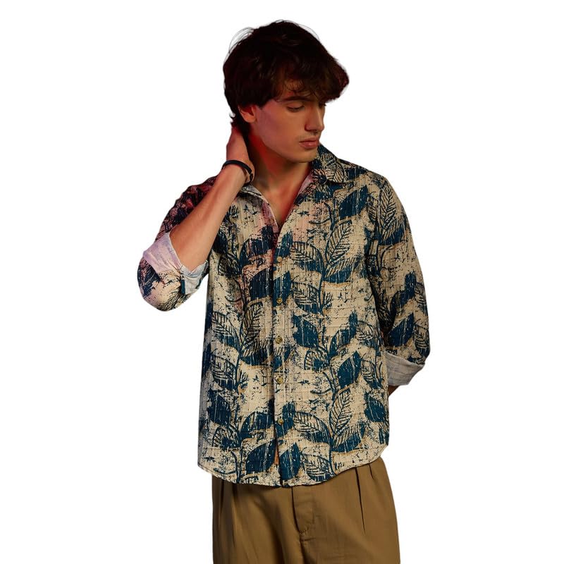 Image of CAHOOT Men's Foliage Strokes Shirt for Casual Wear | Spread Collar | Long Sleeve | Button Closure | Shirt Crafted with Comfort Fit for Everyday Wear