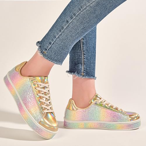 Image of UUBARIS Women's Glitter Tennis Sneakers Neon Dressy Sparkly Sneakers Rhinestone Bling Wedding Bridal Shoes Shiny Sequin Shoes