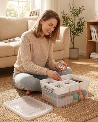 Image of EOENVIVS 17 QT Clear craft storage organizer box with Removable Tray, Plastic storage bins with lids for Kids Art Supplies, Toys, Beads, Tools, Sewing & Classroom Clear+White Bulcket
