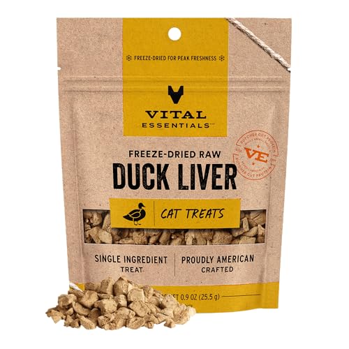 Vital Essentials Freeze Dried Cat Treats | Duck Liver Single Ingredient | Premium Quality | Grain Free Healthy Treats for Cats 0.9 oz Bag