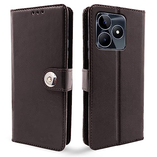 Image of Pikkme Realme Narzo N53 Flip Cover Leather Finish | Inside TPU with Card Pockets | Wallet Stand and Shock Proof | Complete Protection Button Flip Case (Coffee)