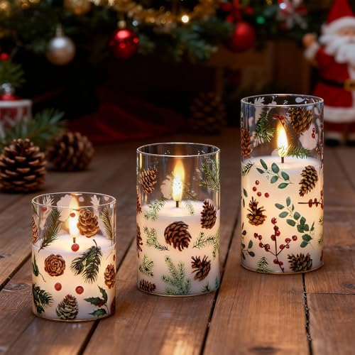 Image of GenSwin Christmas Flameless Candles Battery Operated with Pinecone Decals, 3 Pcs Glass Flameless Candles with Remote Timer and 3D Flickering Flame for Christmas Holiday Decor(Set of 3, D3 inch x 4 inch5 inch6 inch)