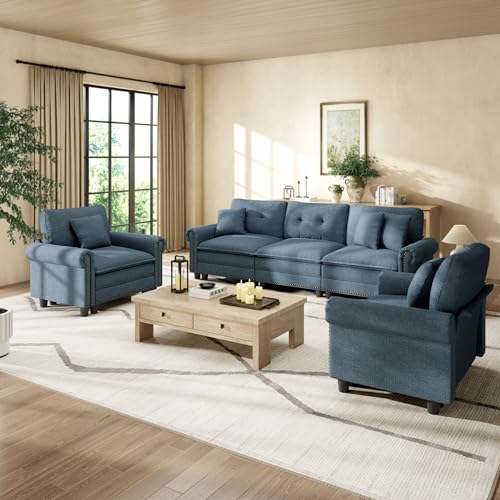 Image of HERA'S HOUSE Modular Sectional Sofa and Chair Set for Living Room 3-Piece | Mid-Century Modern 5-Seater Cloud Sofa Set, Cyan, Rolled Arms & Nailhead Trim, Wider & Deeper Seats, Linen Furniture Set