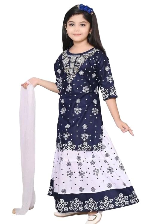 Image of Girls Anarkali Kurta Skirt Set with Dupatta, Cotton Blend Printed Ethnic Traditional Outfit with Three Quarter Sleeves for Festive & Special Occasions,
